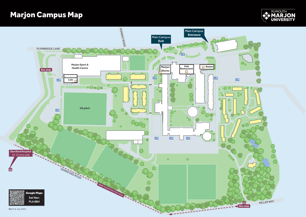 A map of the Marjon campus showing the location of our food outlets